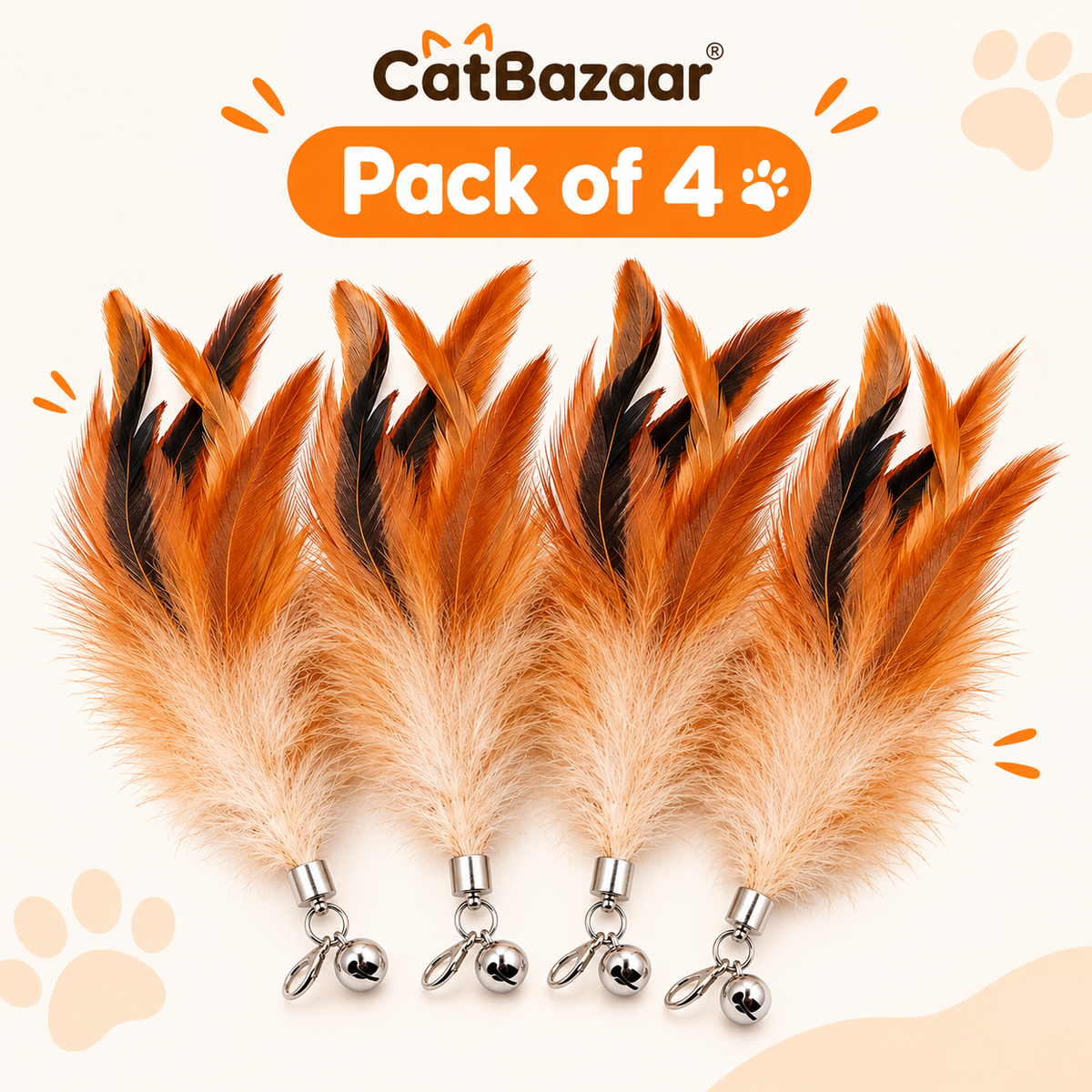 Natural Feather Cat Teaser Toy with Bell – Pack of 4