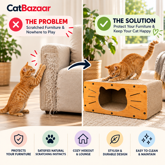 Wooden Cat Scratcher House – 2-in-1 Hideout & Bed