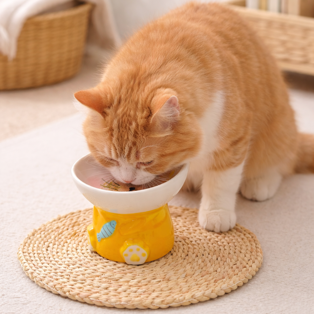 Cute Elevated Ceramic Cat Bowl | Whisker-Friendly Tilted Feeding Bowl (Anti-Spill & Neck Support)