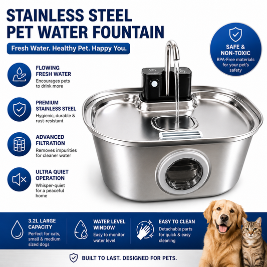Smart Stainless Steel Cat Water Fountain – 3.2L Cordless Pet Water Dispenser with Triple Filtration, Motion Sensor, LED Indicator & Ultra-Quiet Pump