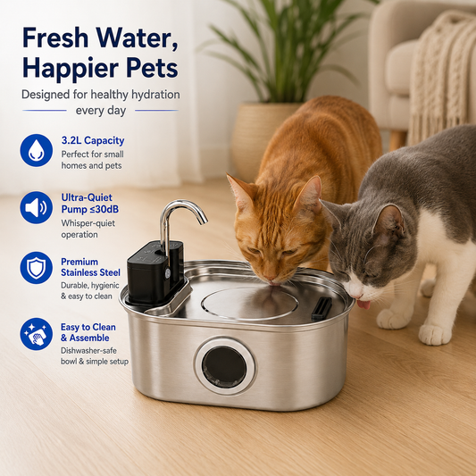 Smart Stainless Steel Cat Water Fountain – 3.2L Cordless Pet Water Dispenser with Triple Filtration, Motion Sensor, LED Indicator & Ultra-Quiet Pump