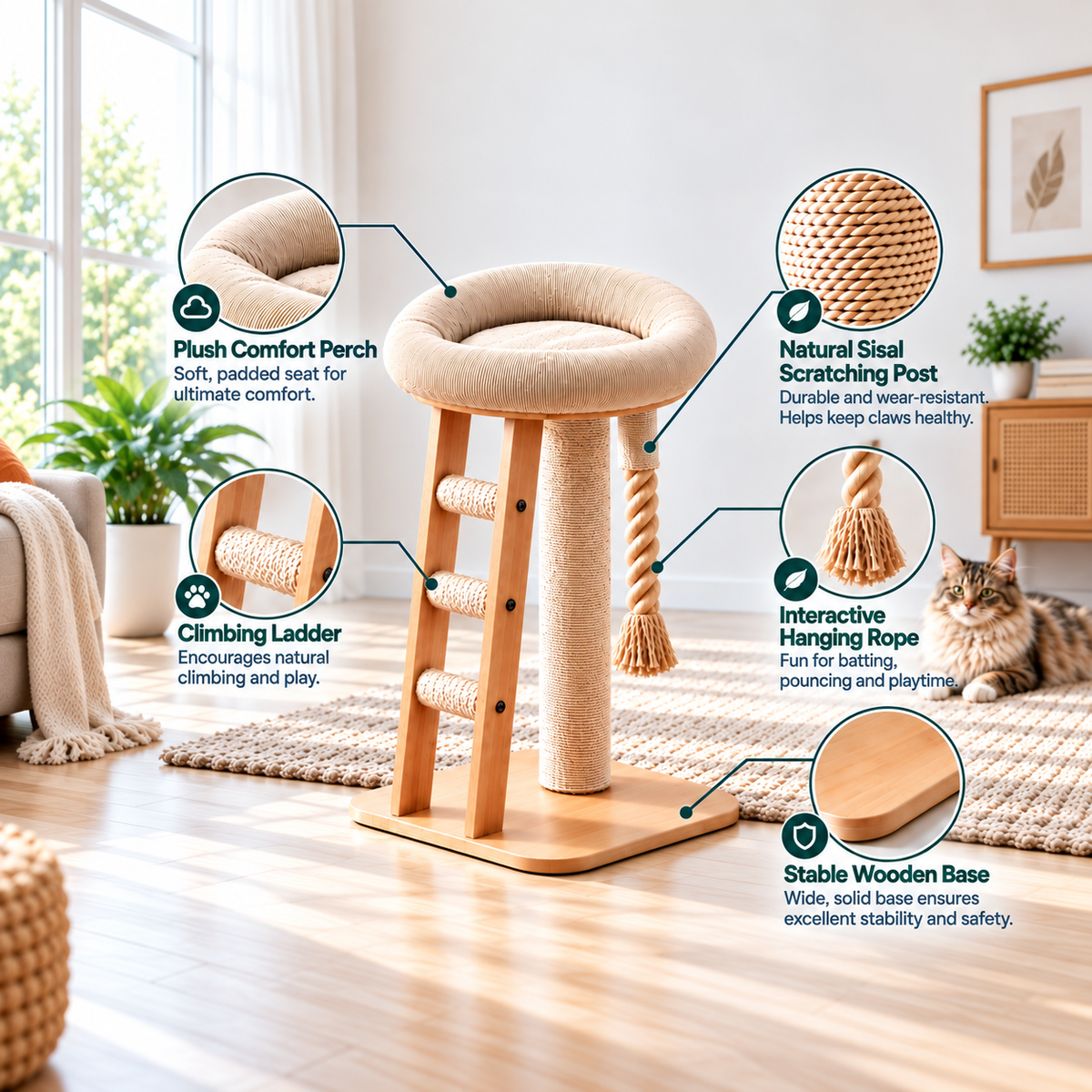 Cat Tree with Plush Perch, Sisal Scratching Post & Climbing Ladder