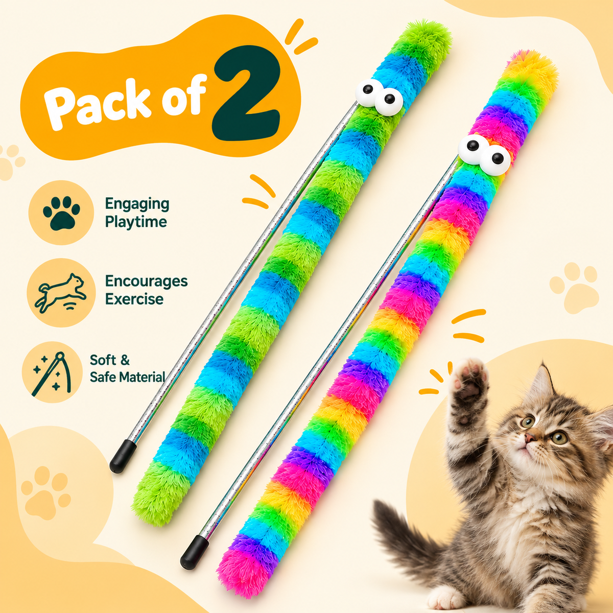 Rainbow Caterpillar Cat Teaser – Bell Wand Toy, Pack Of 2