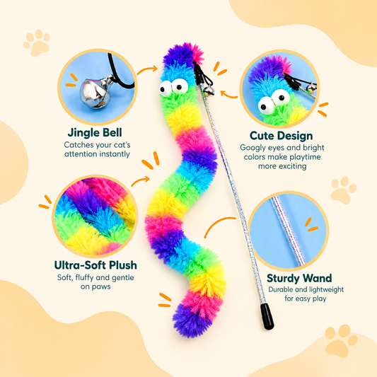Rainbow Caterpillar Cat Teaser – Bell Wand Toy, Pack Of 2