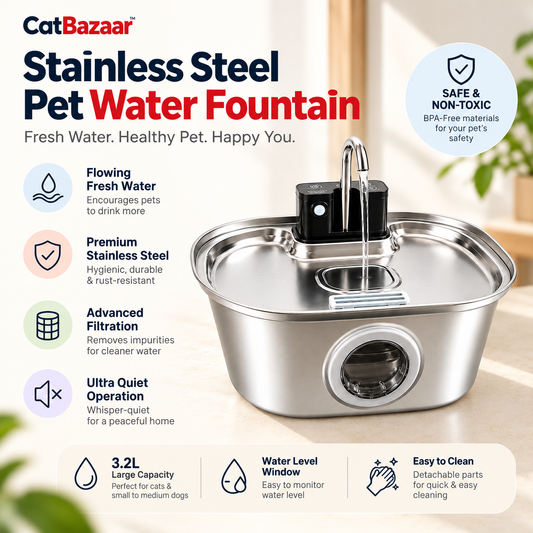 Stainless Steel Cat Water Fountain – 3.2L Cordless Filter