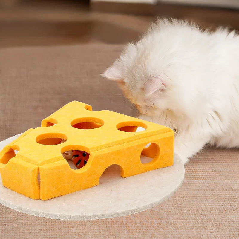 Interactive Cheese Puzzle Cat Toy with Hidden Treat Game | Felt Scratcher & Feather Teaser
