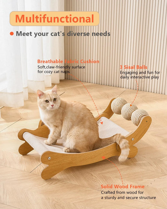 Curved Cat Lounger with Sisal Scratcher & Toy Balls | Wooden Cat Bed + Scratcher Combo