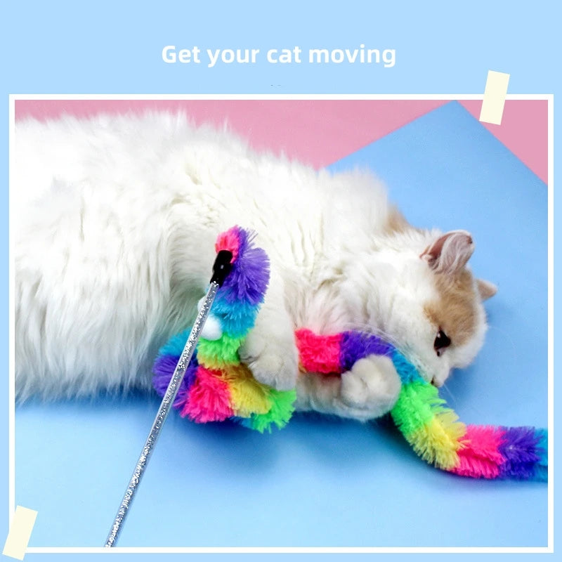 Rainbow Caterpillar Cat Teaser Wand with Bell | Pack of Two