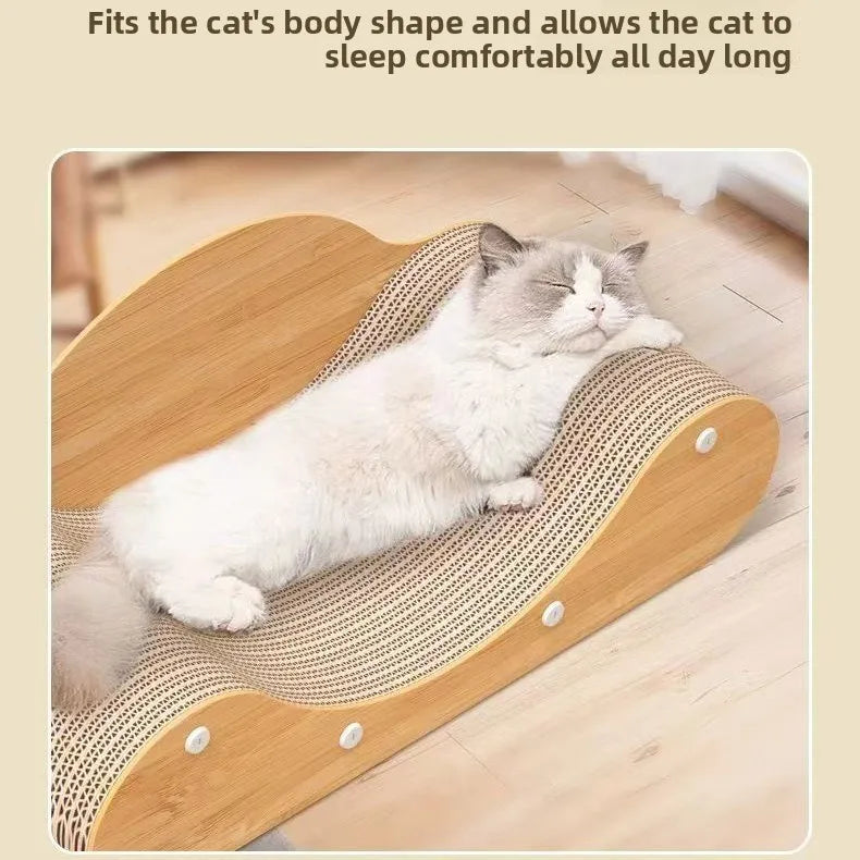 Large Wooden Cat Scratcher Bed | Curved Cat Lounge, Scratch Board Sofa & Resting Bed for Indoor Cats