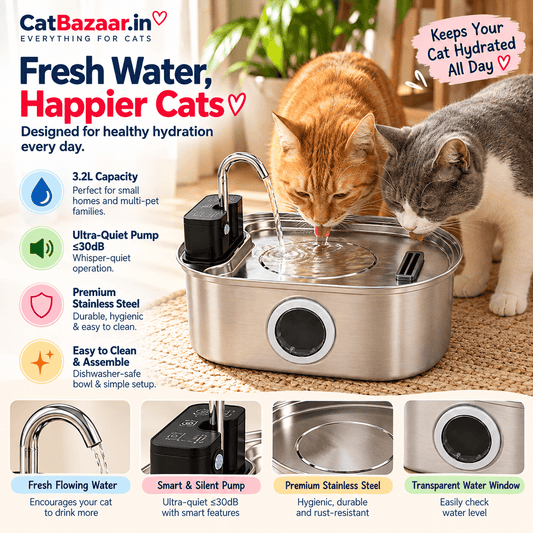 Smart Stainless Steel Cat Water Fountain 3.2L – Triple Filtration & Motion Sensor - Catbazaar.in