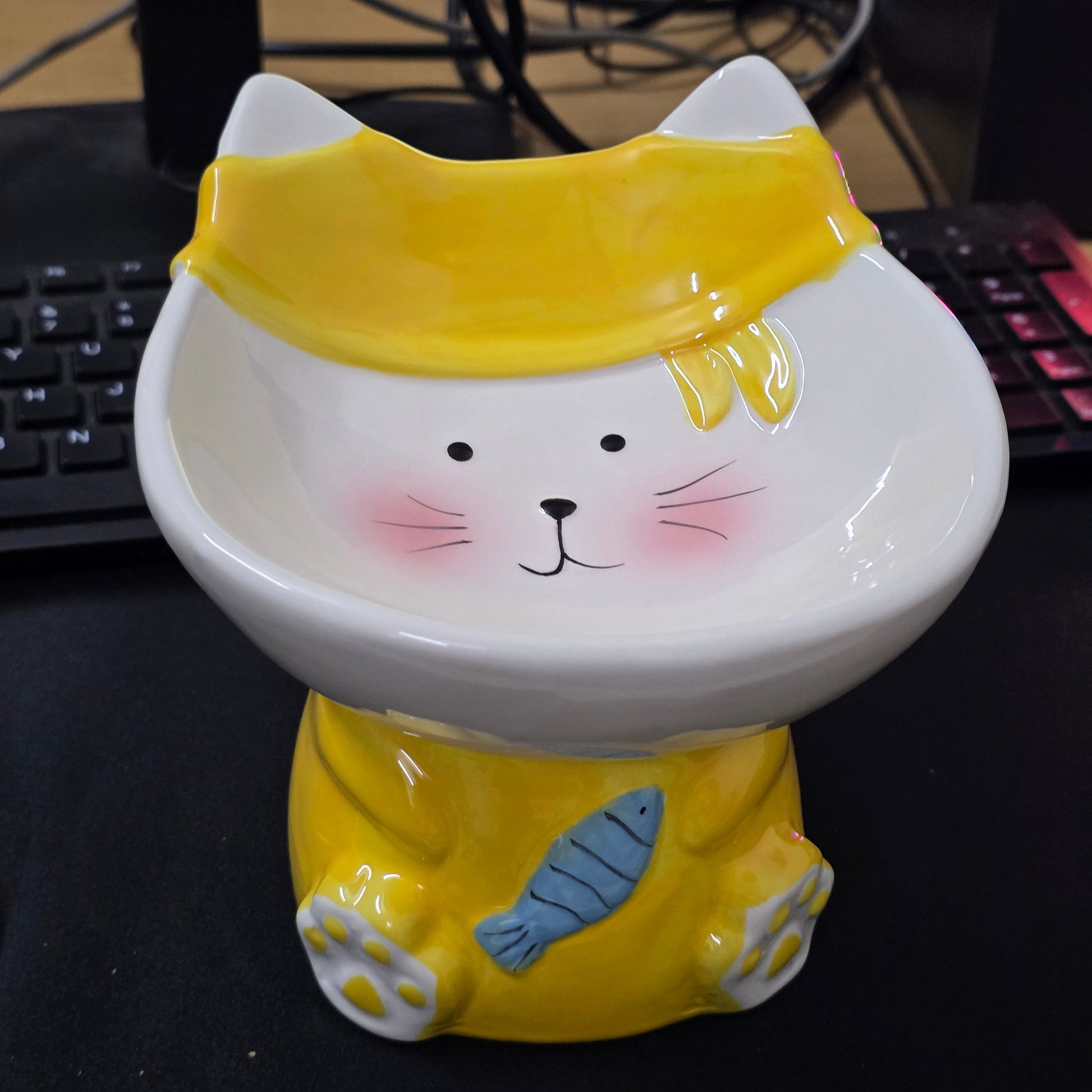Ceramic bowl with cat design on a black surface