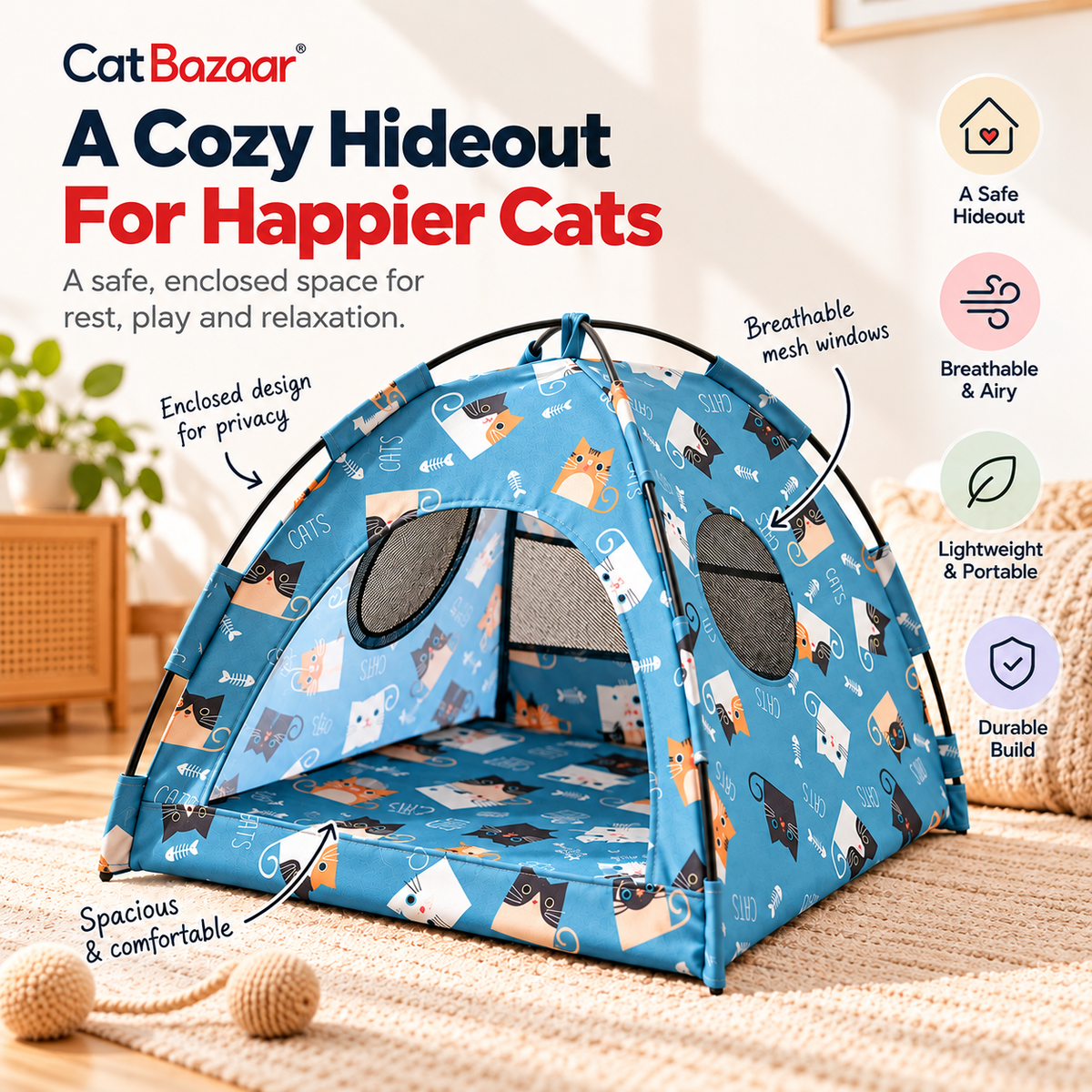 Foldable Cat Tent Bed – Breathable Indoor Hideout
