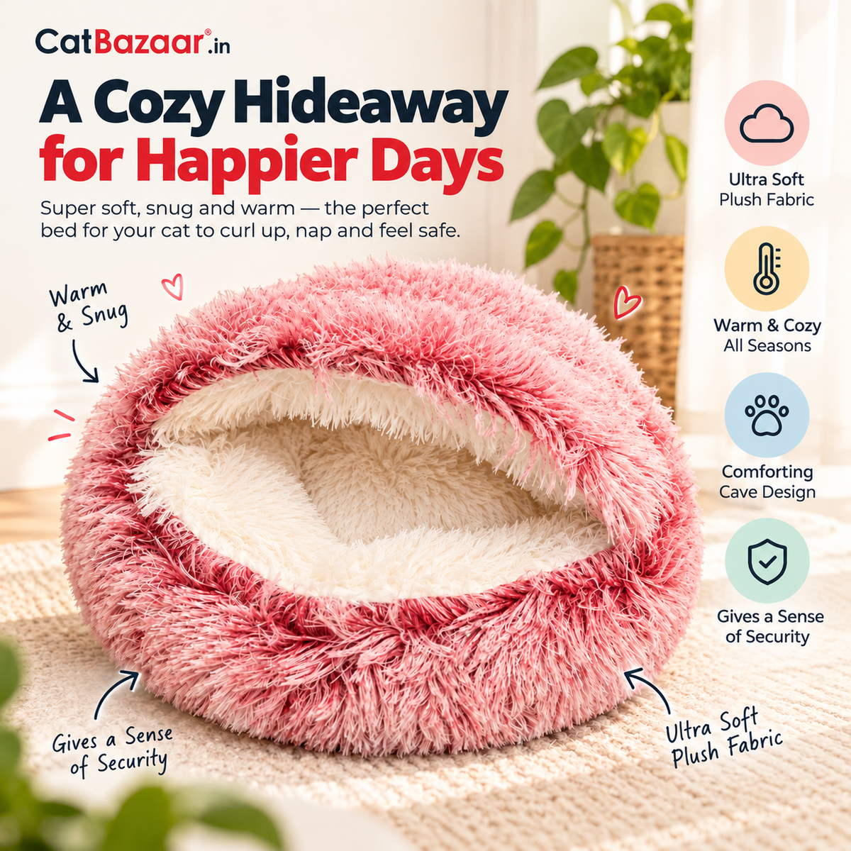 Cat Cave Bed – Soft Plush Hooded Ideal for Small Cats