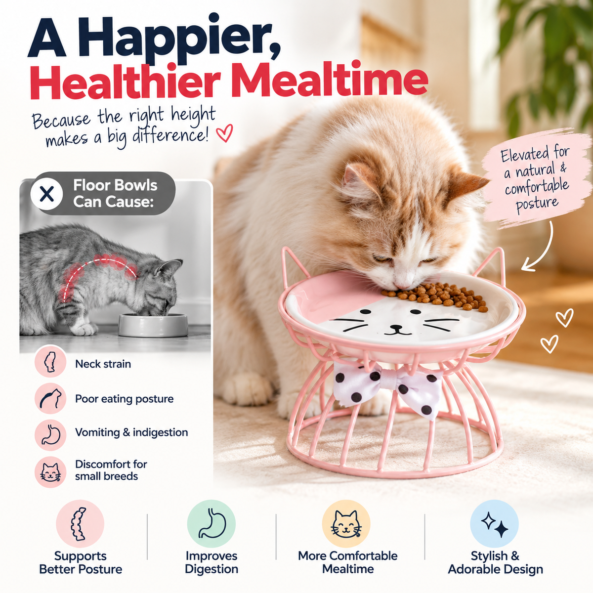 Elevated Cat Bowl Stand-Whisker-Friendly