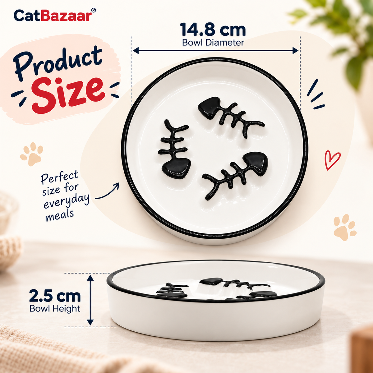 Ceramic Slow Feeder Cat Bowl with Fishbone Design – Anti-Gulping