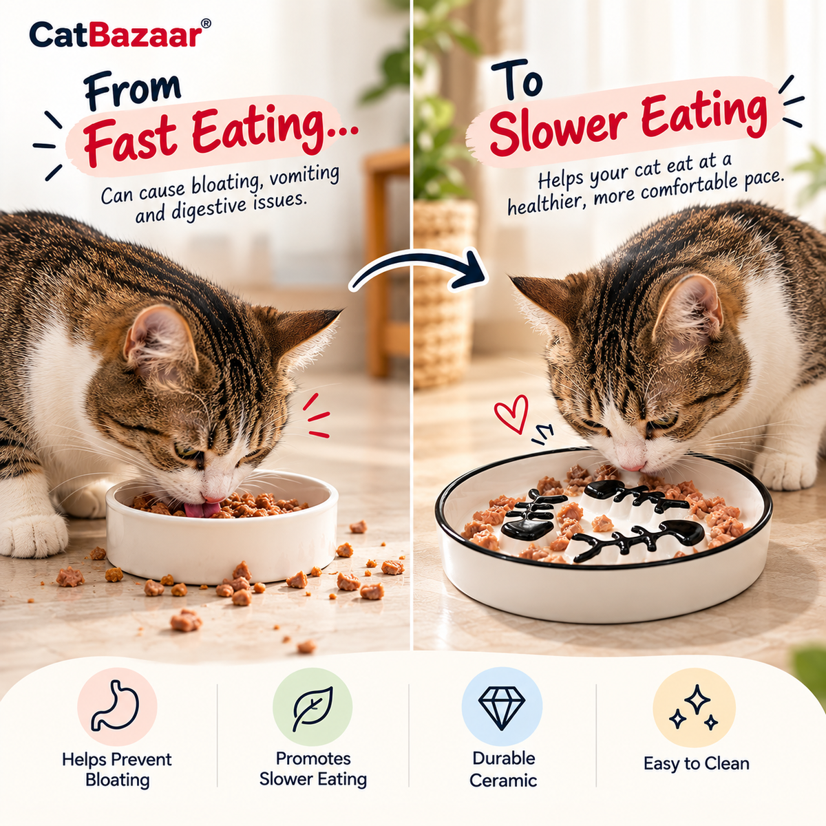 Ceramic Slow Feeder Cat Bowl with Fishbone Design – Anti-Gulping