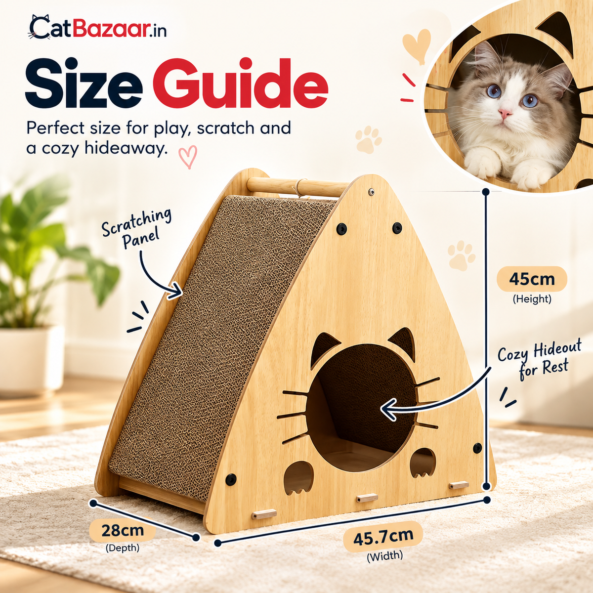 Wooden Cat Scratcher House with Cozy Hideout – Triangular Cat Scratching Board