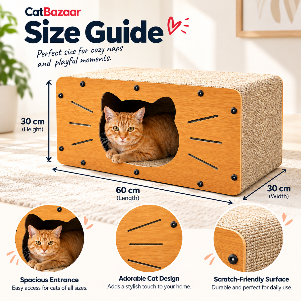 Wooden Cat Scratcher House – 2-in-1 Hideout & Bed