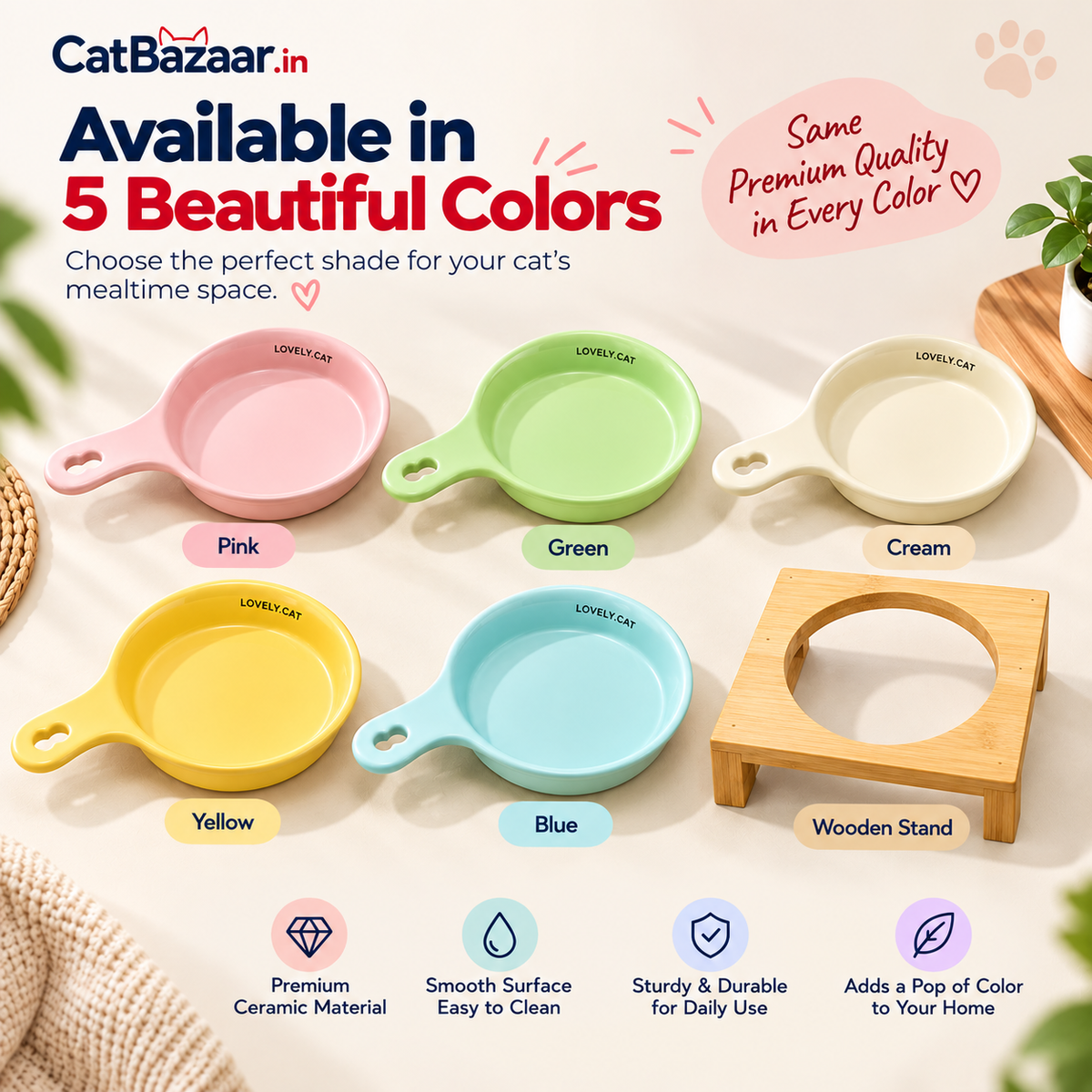 Ceramic  food bowl with handle-Wooden Stand