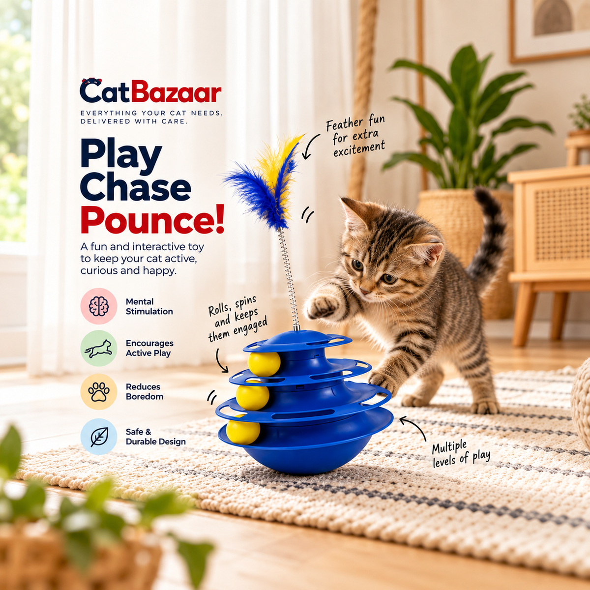 Interactive Cat Toy Tower – 3-Tier Ball Track & Feather