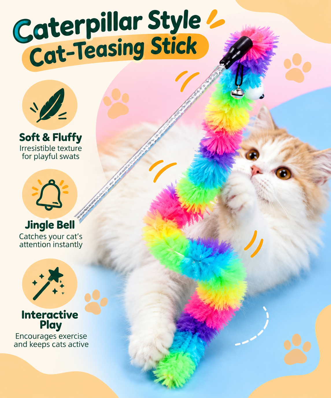 Rainbow Caterpillar Cat Teaser – Bell Wand Toy, Pack Of 2