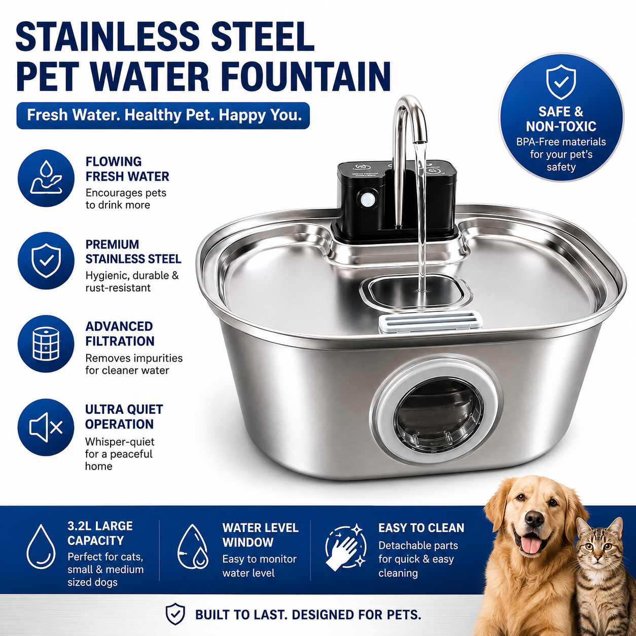 Smart Stainless Steel Cat Water Fountain – 3.2L Cordless Pet Water Dispenser with Triple Filtration, Motion Sensor, LED Indicator & Ultra-Quiet Pump