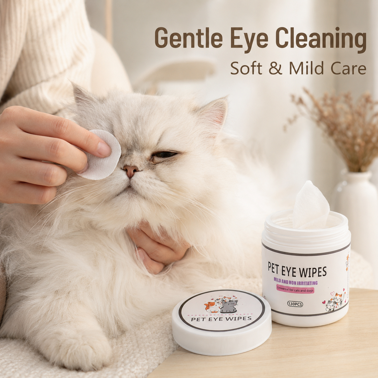 Pet Eye Wipes for Cats & Dogs – Mild Non-Irritating Round Eye Cleaning Wipes, 130 PCS