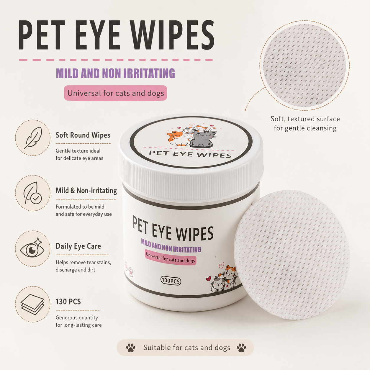 Pet Eye Wipes for Cats & Dogs – Mild Non-Irritating Round Eye Cleaning Wipes, 130 PCS