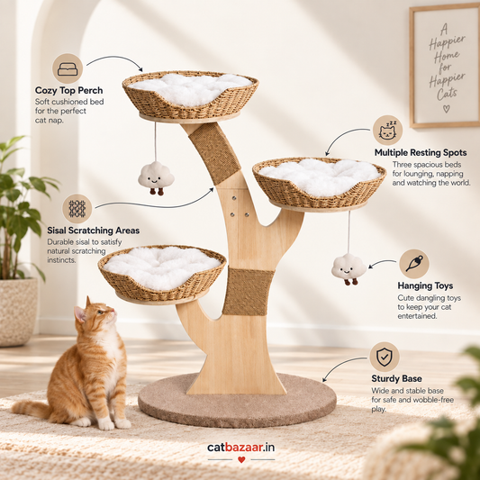 A wooden multi-level cat tree with woven platforms, plush white beds, hanging toys, sisal scratching areas, and a stable round base, shown in a bright room with a cat sitting beside it. Text callouts describe features and include the brand name catbazaar.