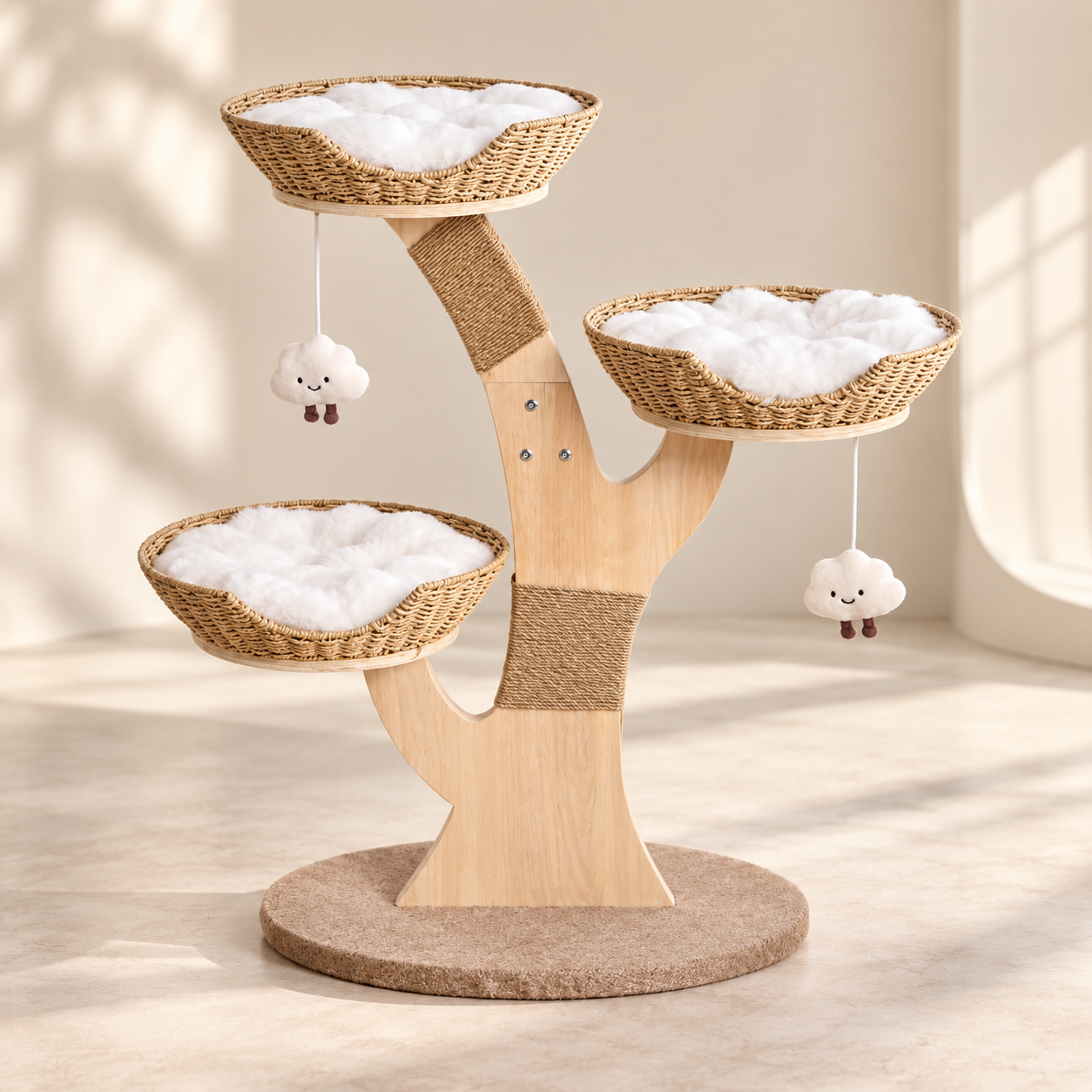 3-Tier Wooden Wicker Cat Tree