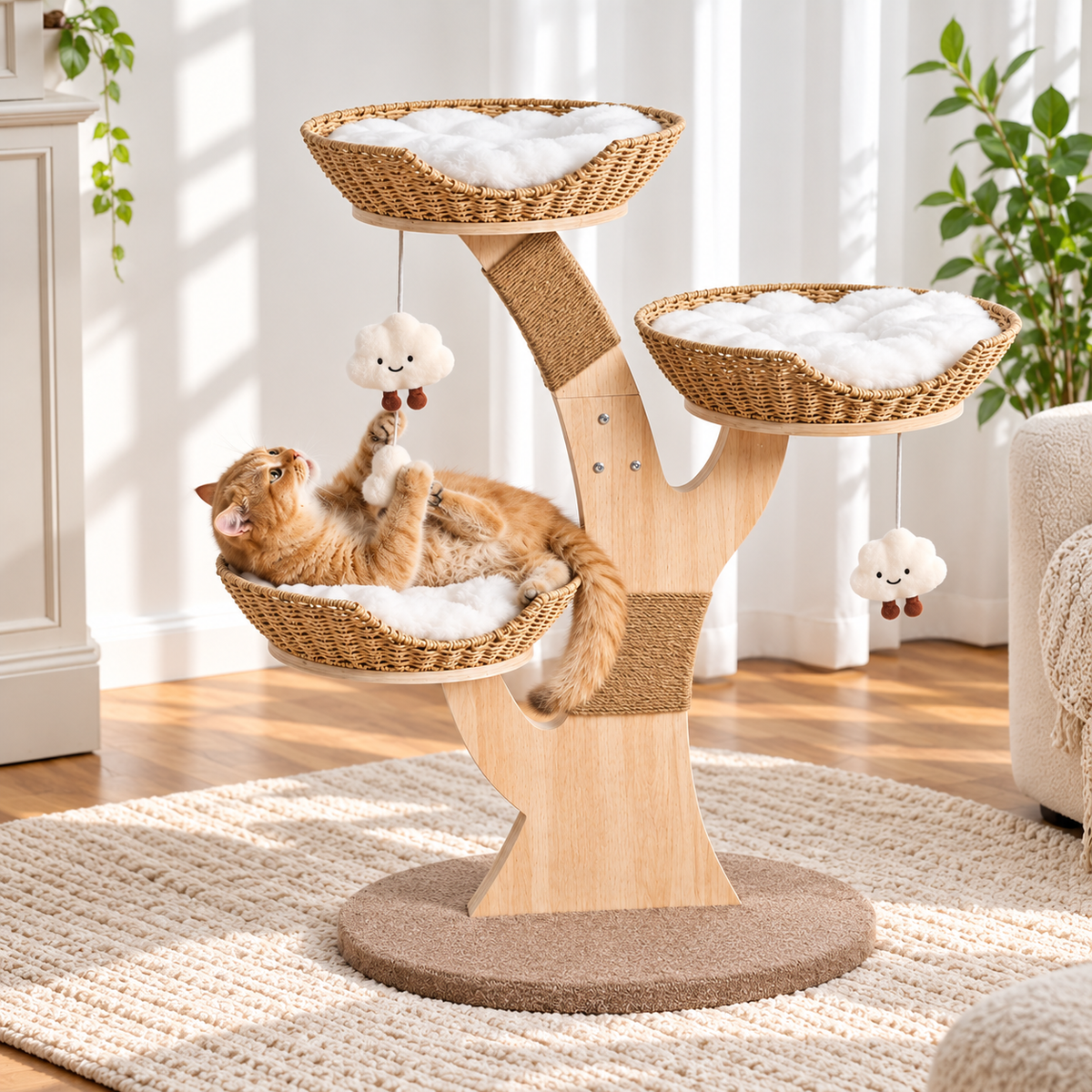 3-Tier Wooden Wicker Cat Tree