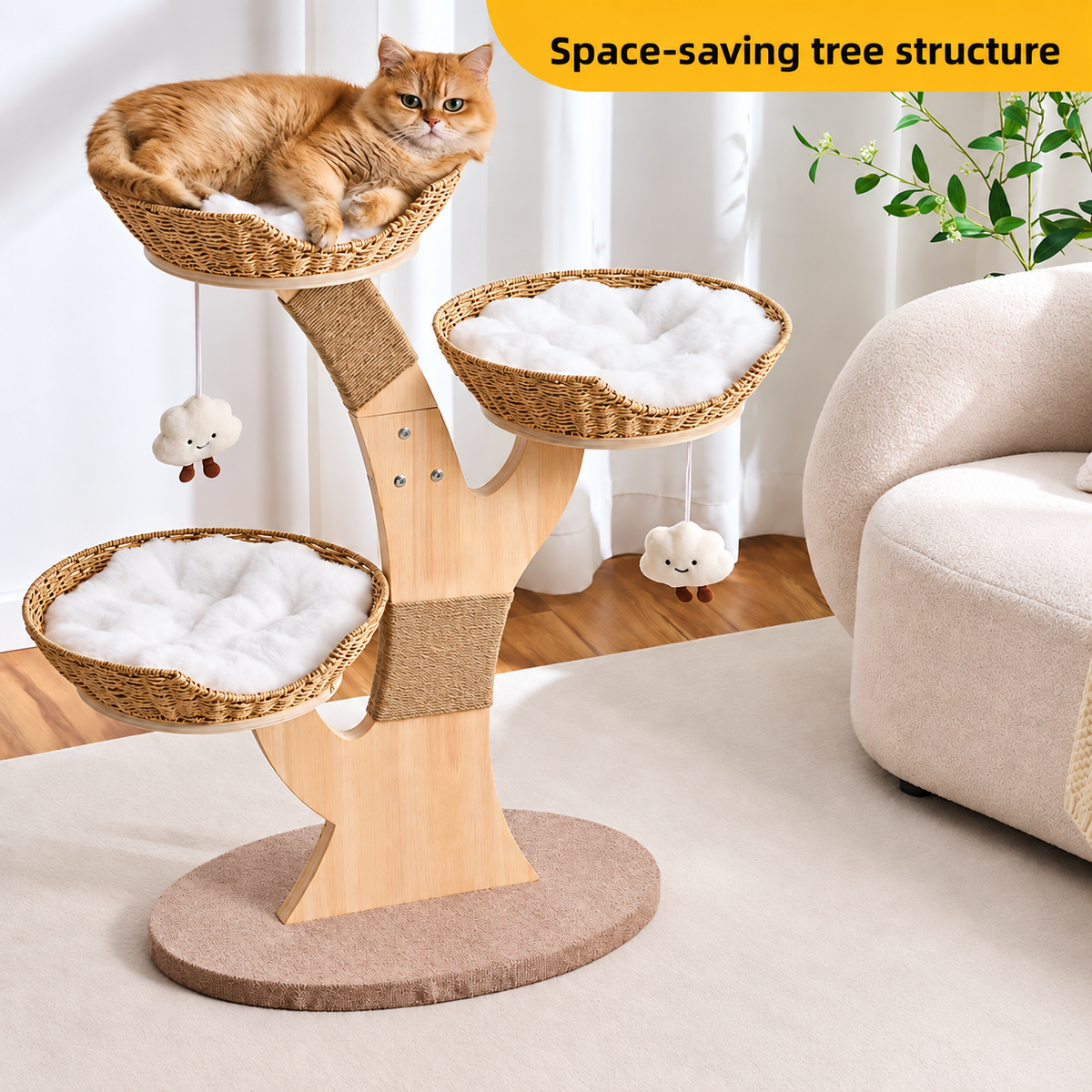 3-Tier Wooden Wicker Cat Tree