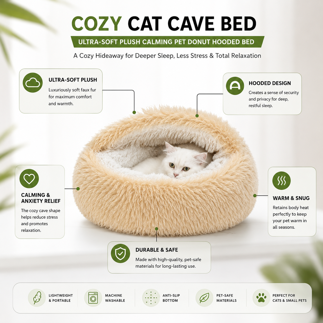 Cozy Cat Cave Bed - Ultra-Soft Plush Calming Pet Donut Hooded Bed