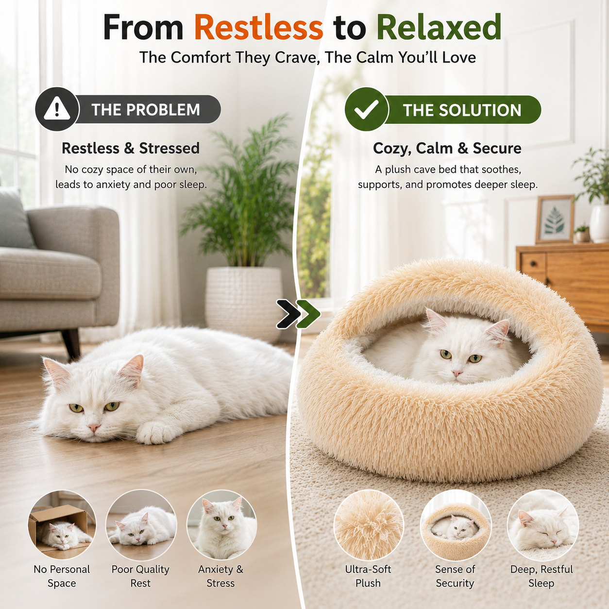 Cozy Cat Cave Bed - Ultra-Soft Plush Calming Pet Donut Hooded Bed
