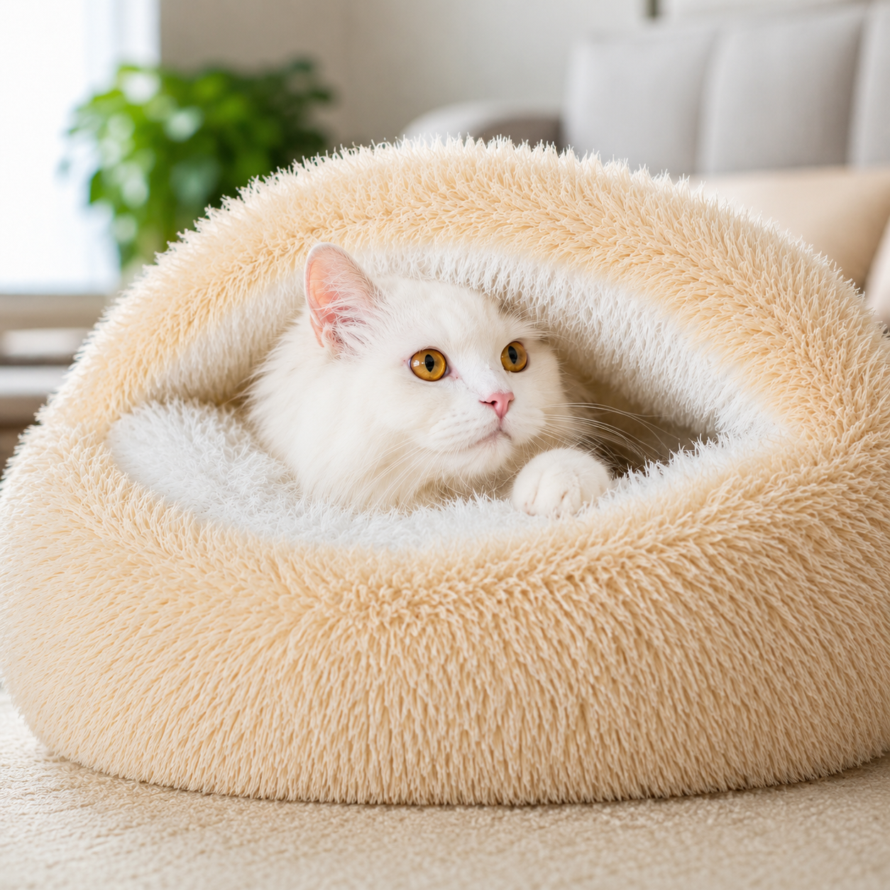 Cozy Cat Cave Bed - Ultra-Soft Plush Calming Pet Donut Hooded Bed