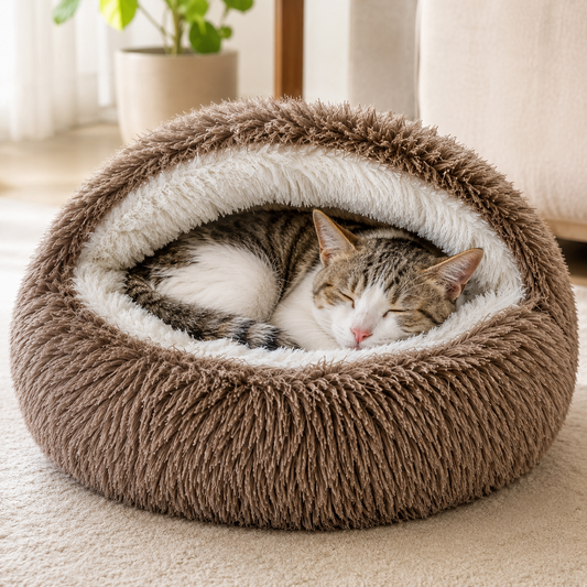 Cozy Cat Cave Bed - Ultra-Soft Plush Calming Pet Donut Hooded Bed