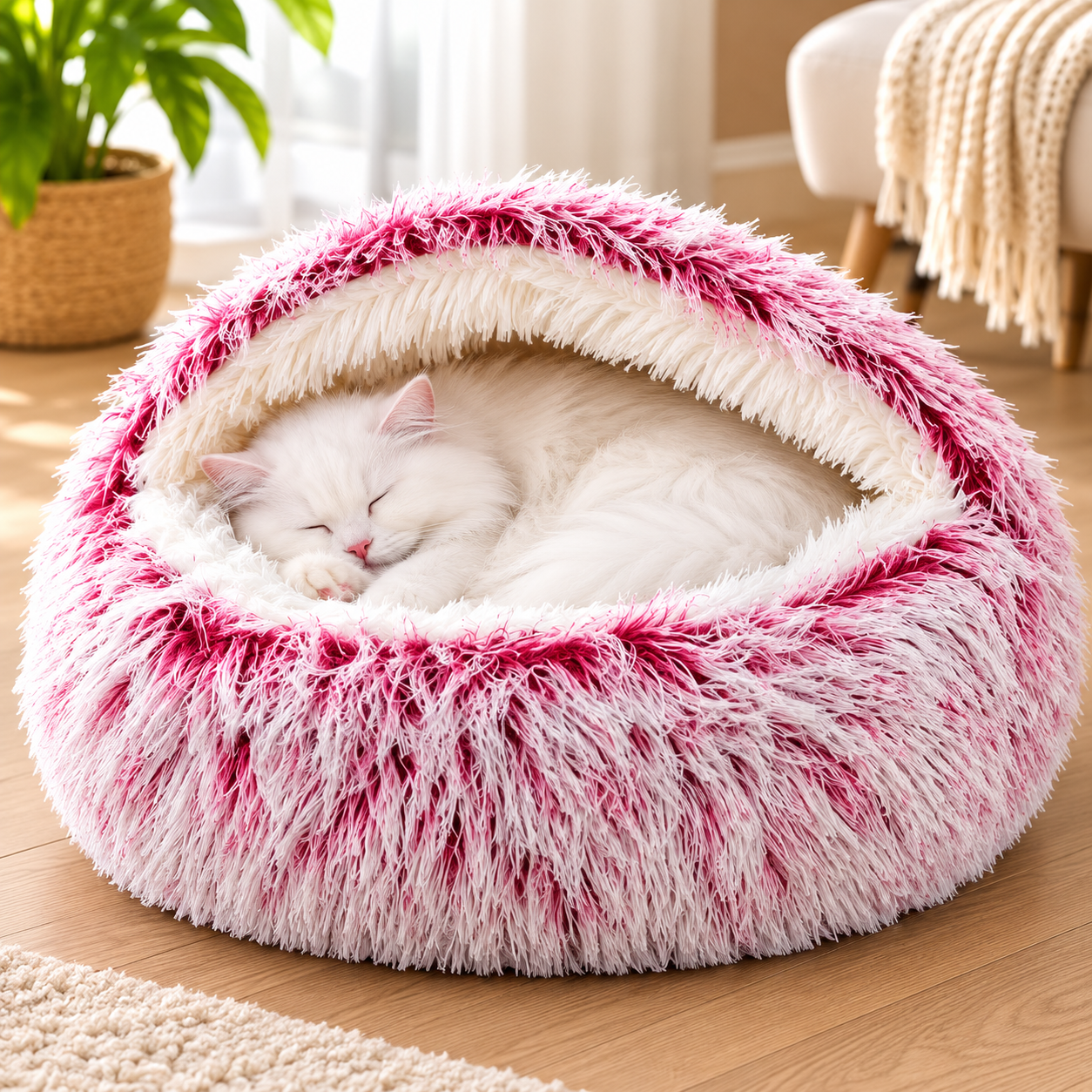 Cozy Cat Cave Bed - Ultra-Soft Plush Calming Pet Donut Hooded Bed