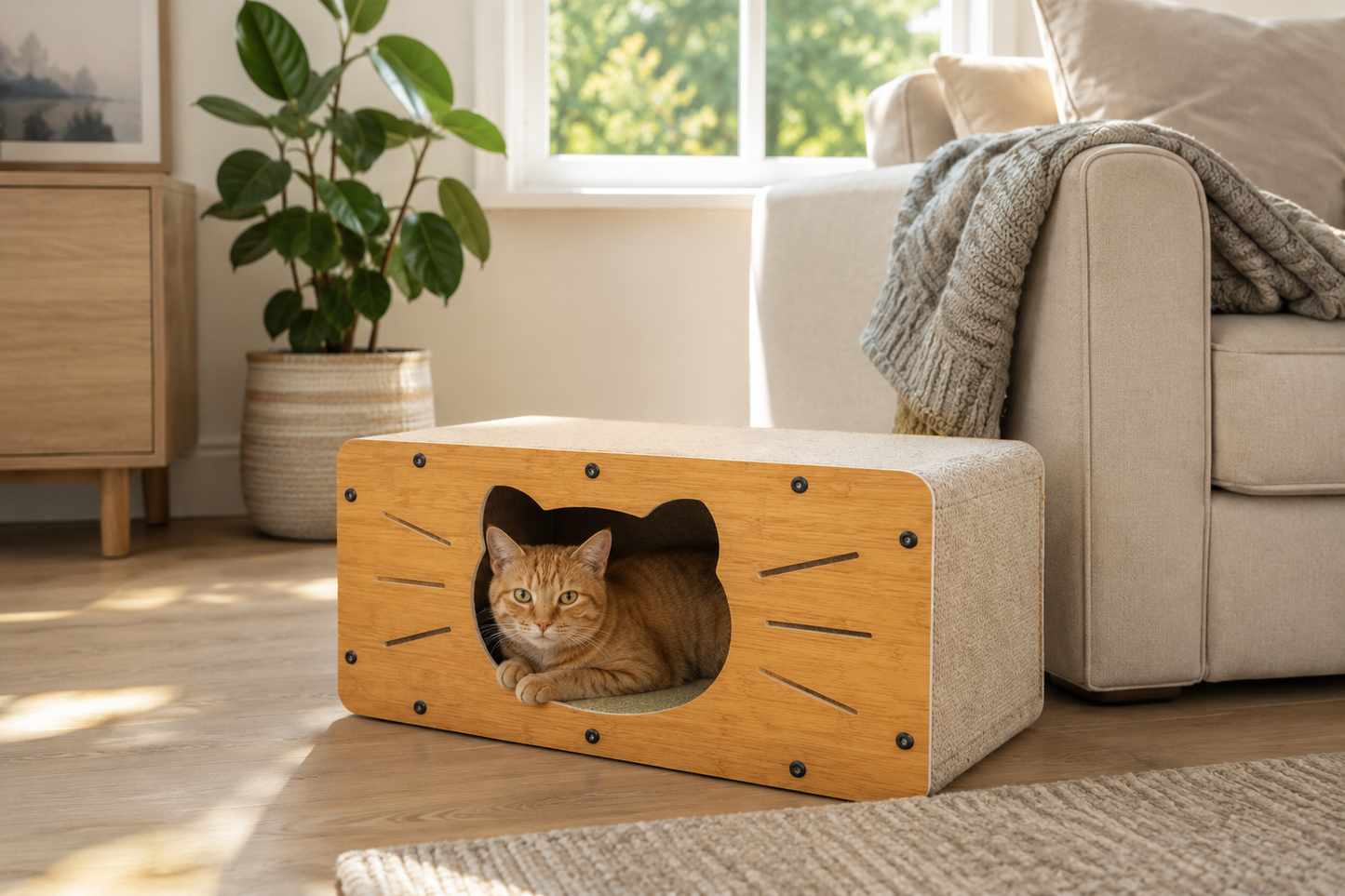 Wooden Cat Scratcher House | 2-in-1 Cat Hideout, Scratch Board Bed & Resting Box for Indoor Cats