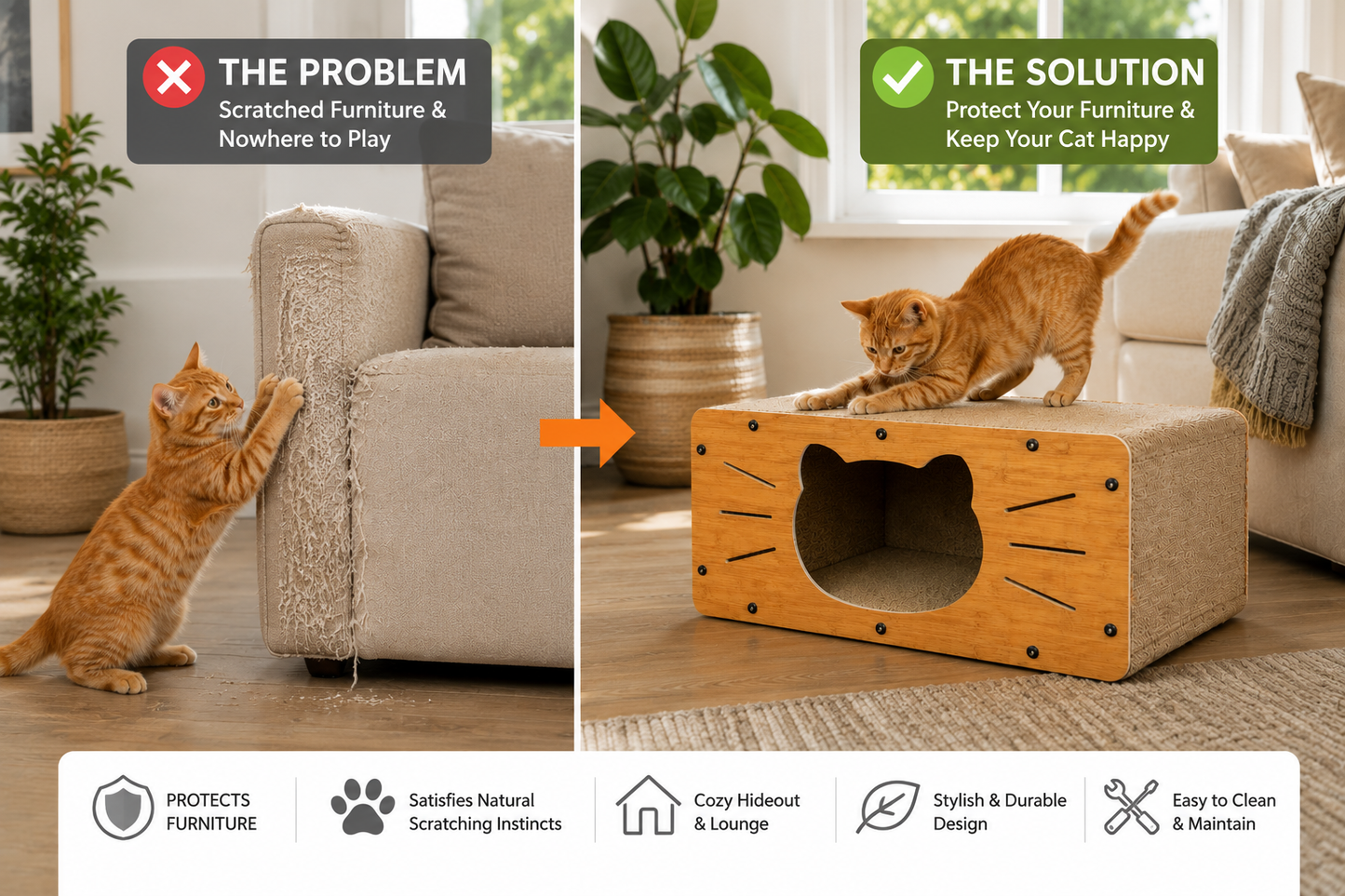 Wooden Cat Scratcher House | 2-in-1 Cat Hideout, Scratch Board Bed & Resting Box for Indoor Cats
