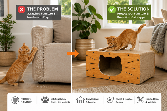 Wooden Cat Scratcher House | 2-in-1 Cat Hideout, Scratch Board Bed & Resting Box for Indoor Cats