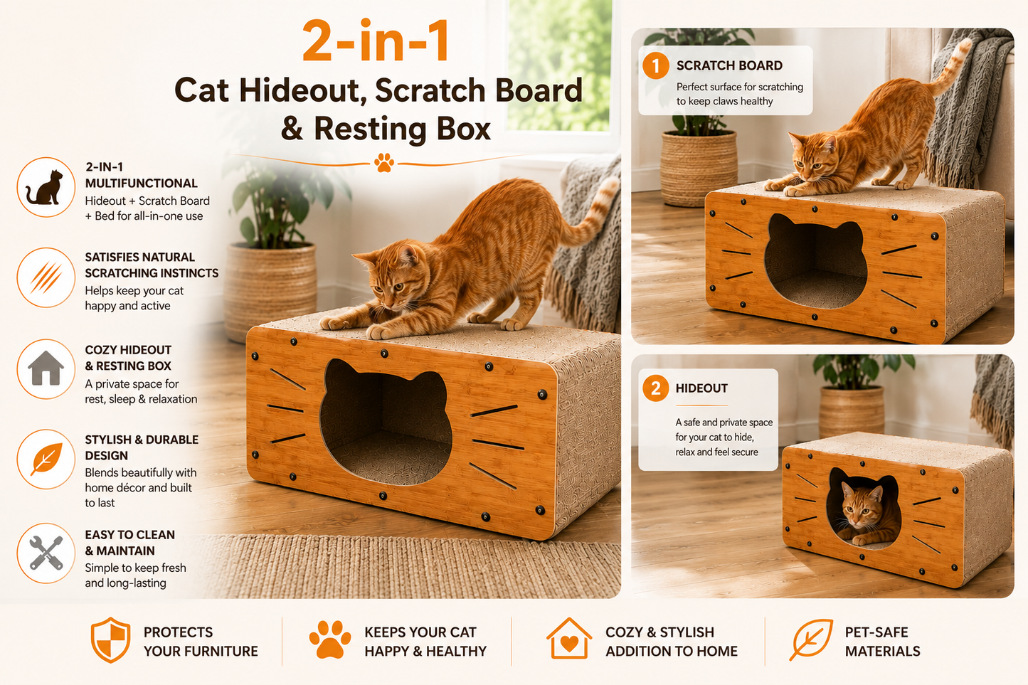 Wooden Cat Scratcher House | 2-in-1 Cat Hideout, Scratch Board Bed & Resting Box for Indoor Cats