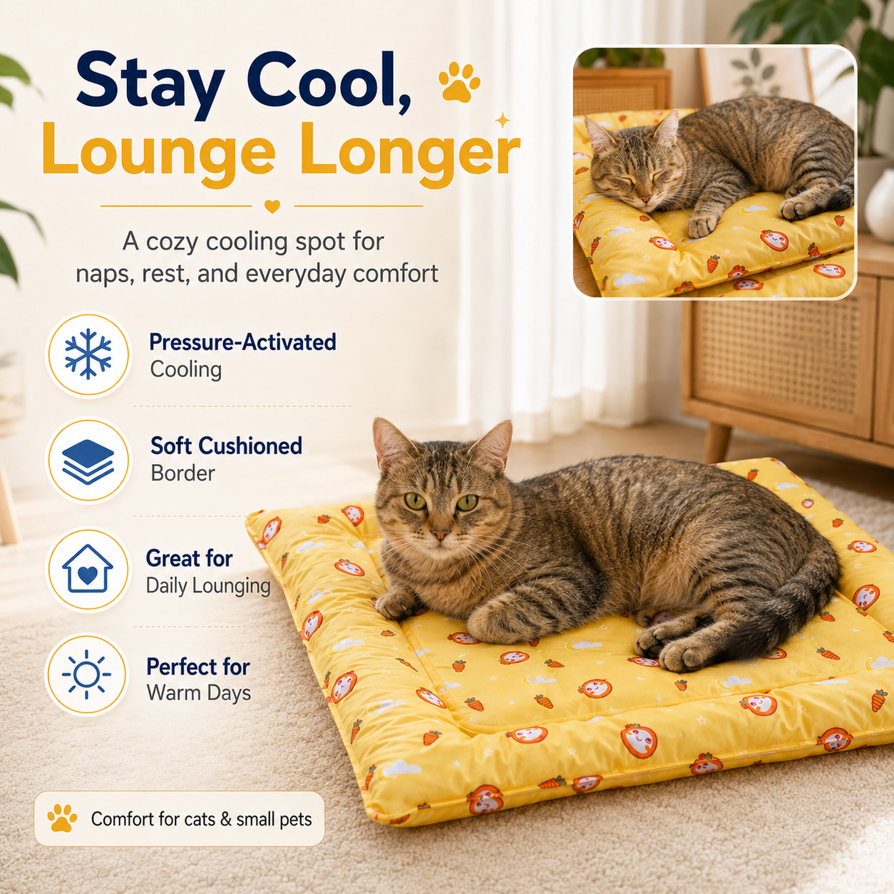 Self-Cooling Gel Pet Mat for Cats & Small Pets – Pressure-Activated Cooling Bed with Soft Cushioned Border, Water-Resistant.