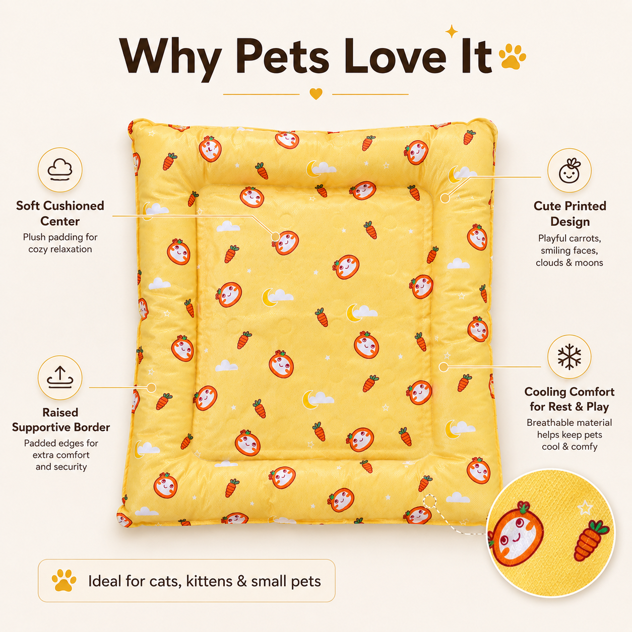 Self-Cooling Gel Pet Mat for Cats & Small Pets – Pressure-Activated Cooling Bed with Soft Cushioned Border, Water-Resistant.