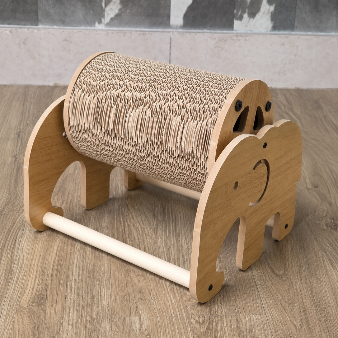 Elephant Roller Cat Scratcher – Interactive Wooden Scratching Toy for Indoor Cats