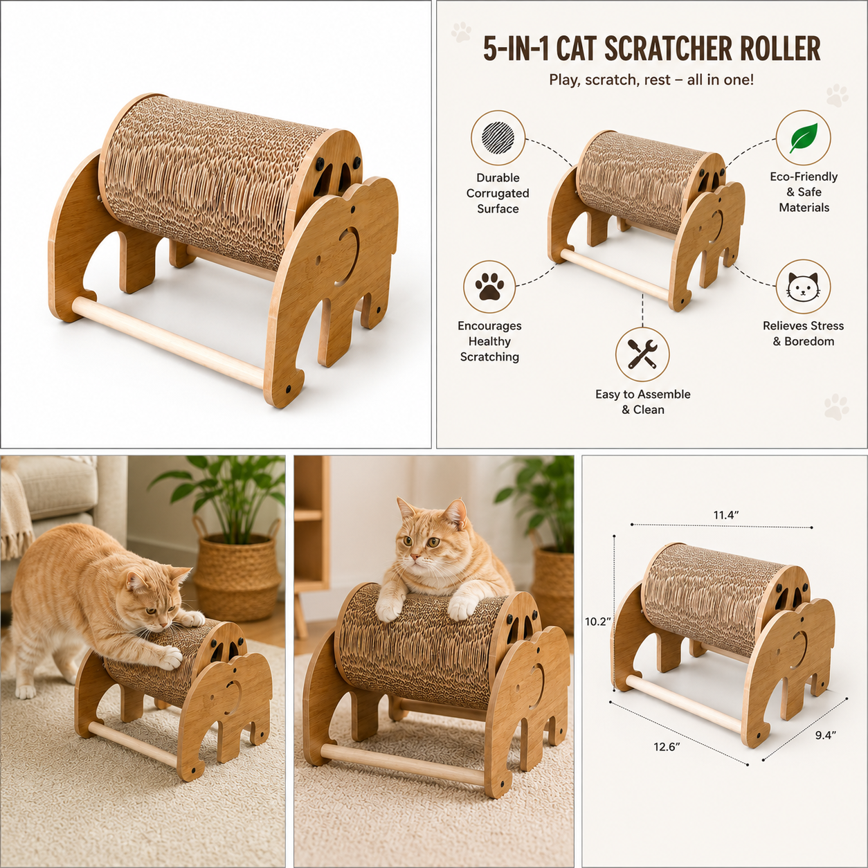 Elephant Roller Cat Scratcher – Interactive Wooden Scratching Toy for Indoor Cats