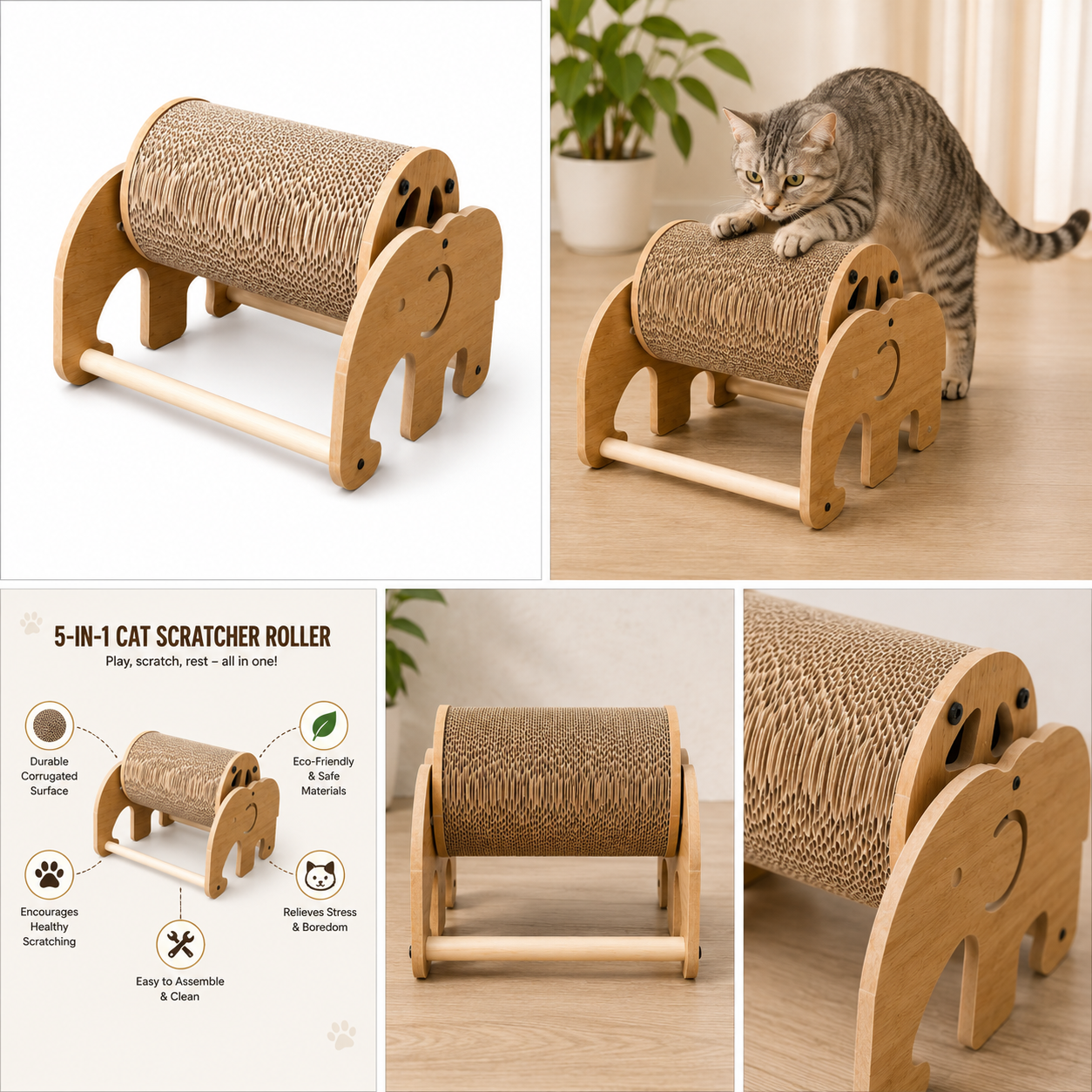 Elephant Roller Cat Scratcher – Interactive Wooden Scratching Toy for Indoor Cats