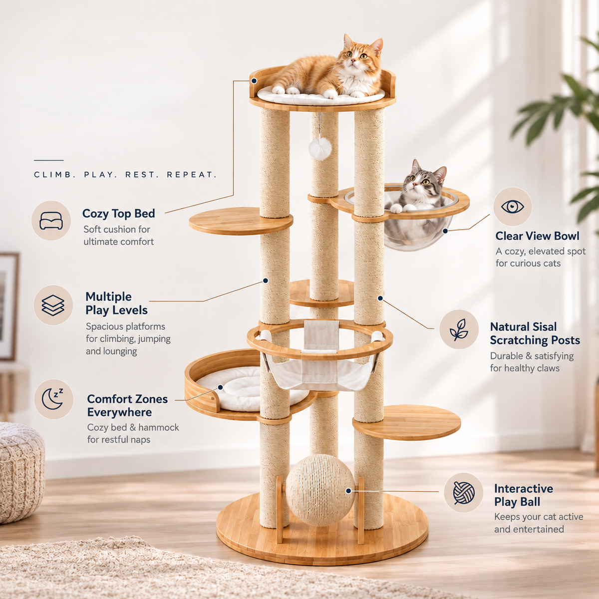 Multi-Level Cat Tree with Scratching Posts & Hammock