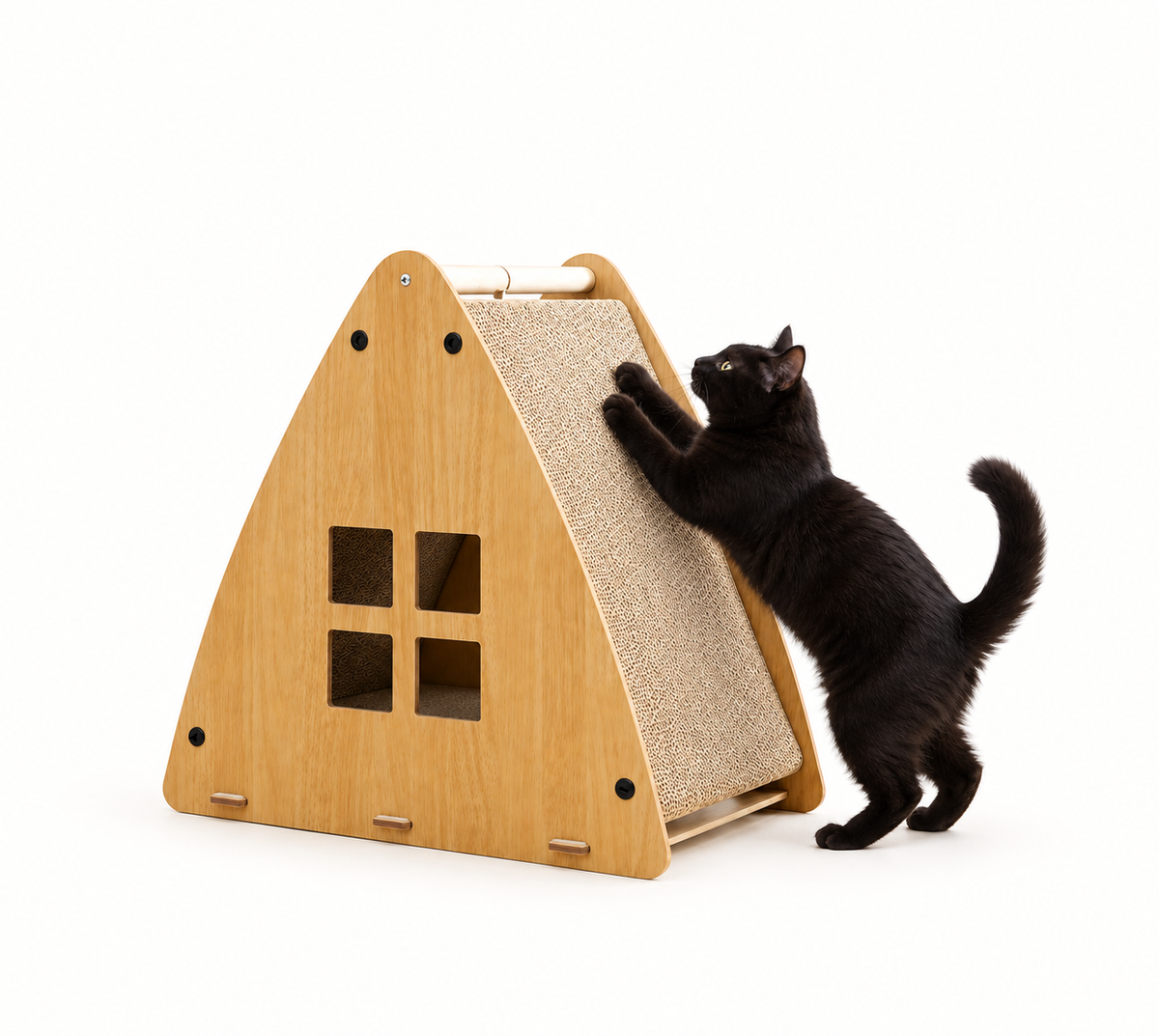 Multi-Cat Wooden Hideout with Scratch Board & Play Openings
