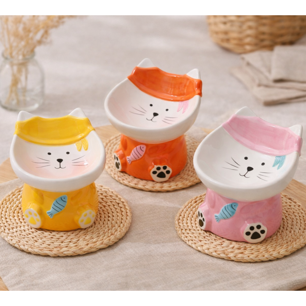 Cute Elevated Ceramic Cat Bowl | Whisker-Friendly Tilted Feeding Bowl (Anti-Spill & Neck Support)