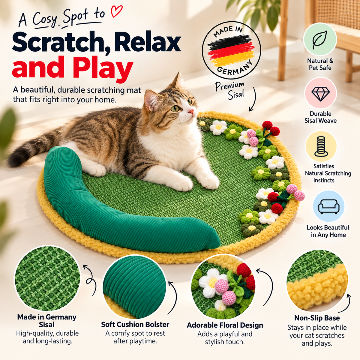 Sisal Cat Scratch Mat – Flower Garden Scratch Pad